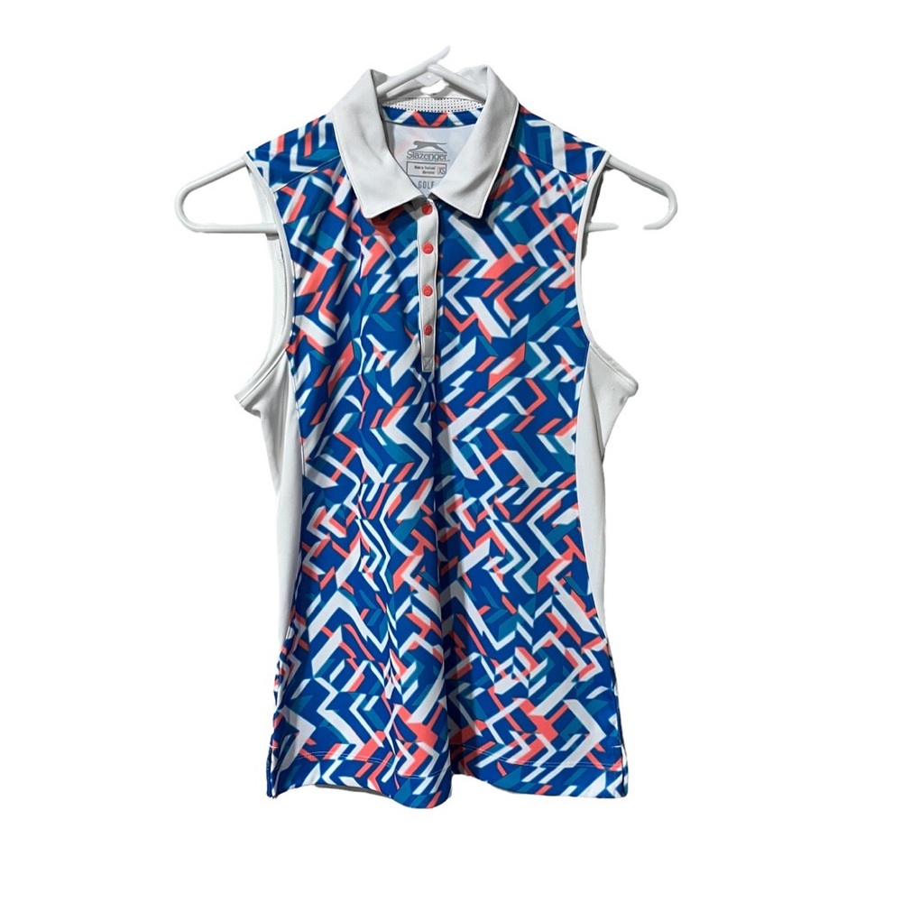 Slazenger Women’s Golf Shirt Orange White Blue Sleeveless Snap Size XS